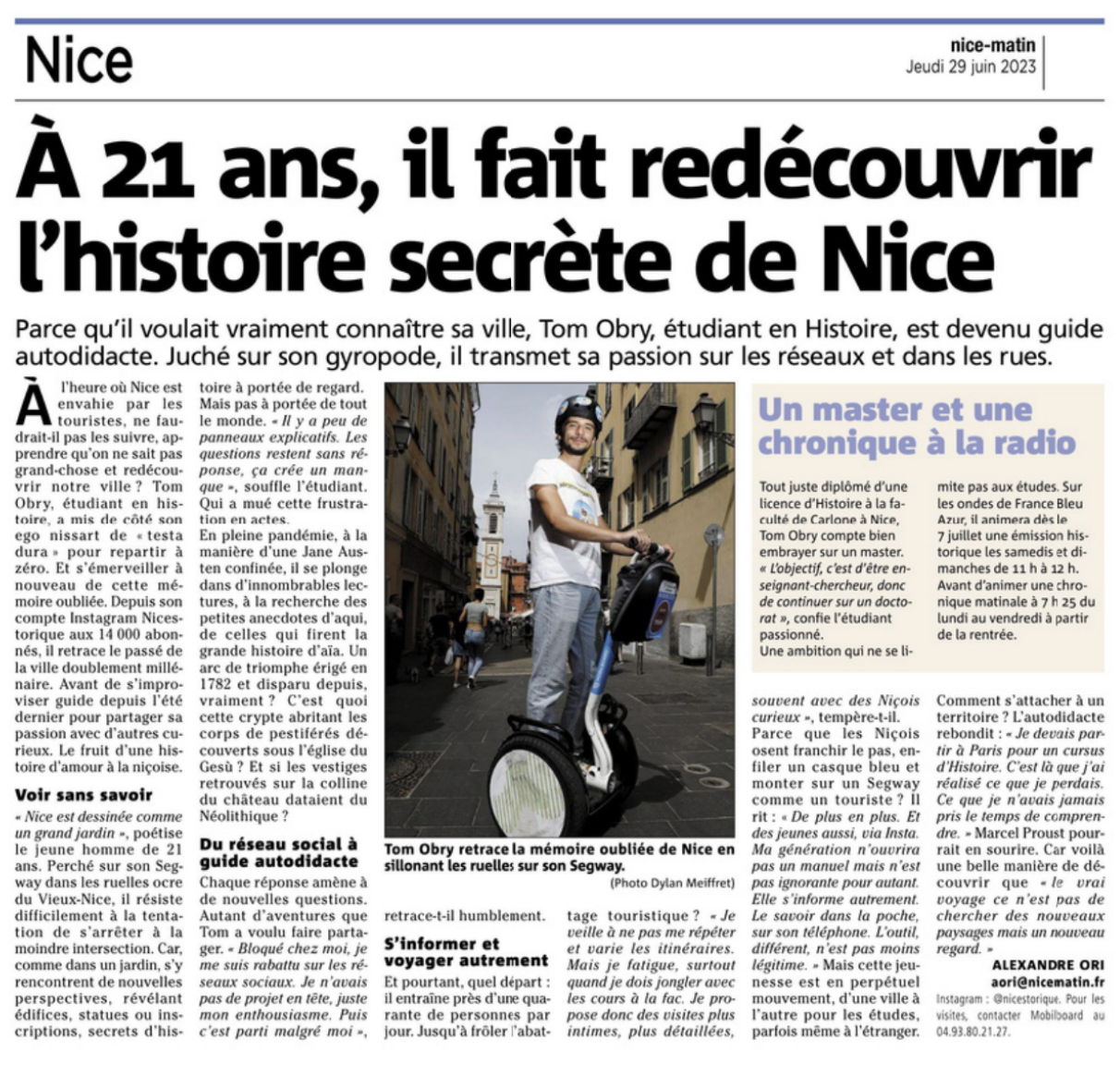 Coupure de presse Nice-Matin, 29 juin 2023